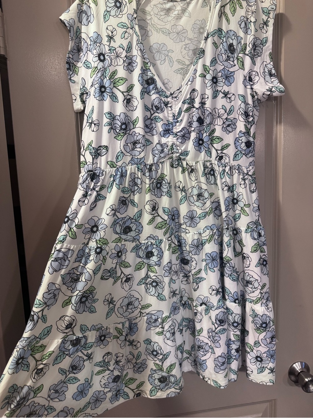 ' White Floral Tiered Dress with Blue and Green Print